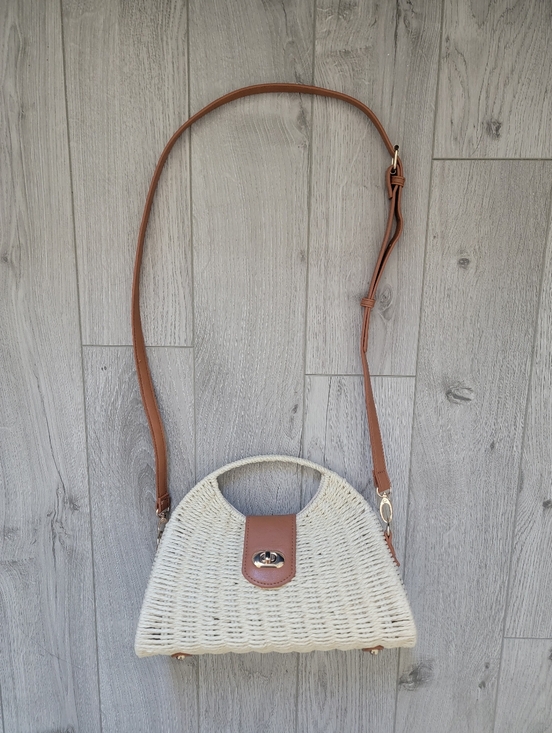 Handbags - Woven Straw Top-Handle Bag with Tan Leather Accent